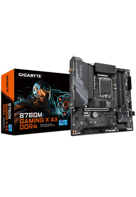 Материнська плата LGA1700, Gigabyte B760M GAMING X AX DDR4, B760, 4xDDR4, Int.Video(CPU), 4xSATA3, 2xM.2, 1xPCI-E 16x 4.0, 1xPCI-E 16x 3.0, Realtek 7.1, RTL8125BG, WiFi6, Bluetooth 5.2, 6xUSB3.2/9xUSB2.0, HDMI/DP, MicroATX