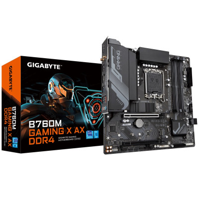 Материнська плата LGA1700, Gigabyte B760M GAMING X AX DDR4, B760, 4xDDR4, Int.Video(CPU), 4xSATA3, 2xM.2, 1xPCI-E 16x 4.0, 1xPCI-E 16x 3.0, Realtek 7.1, RTL8125BG, WiFi6, Bluetooth 5.2, 6xUSB3.2/9xUSB2.0, HDMI/DP, MicroATX
