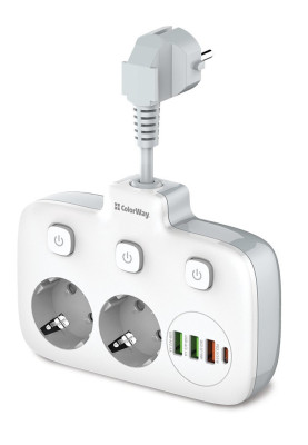 Фільтр мережевий 0.025 м, СolorWay, White, 2xРозетки 220V, 3xUSB, 1xType-C, 10A, до 2.5 кВт, USB Auto ID, QC3.0, PD (CW-CHE24PDW)
