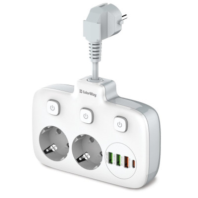 Фільтр мережевий 0.025 м, СolorWay, White, 2xРозетки 220V, 3xUSB, 1xType-C, 10A, до 2.5 кВт, USB Auto ID, QC3.0, PD (CW-CHE24PDW)