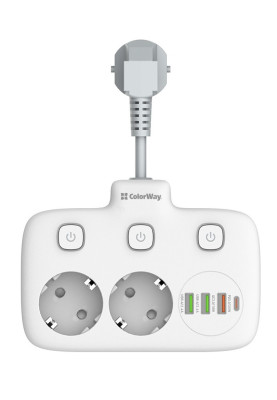 Фільтр мережевий 0.025 м, СolorWay, White, 2xРозетки 220V, 3xUSB, 1xType-C, 10A, до 2.5 кВт, USB Auto ID, QC3.0, PD (CW-CHE24PDW)
