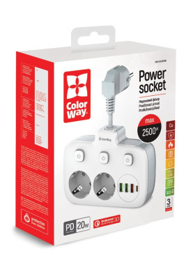 Фільтр мережевий 0.025 м, СolorWay, White, 2xРозетки 220V, 3xUSB, 1xType-C, 10A, до 2.5 кВт, USB Auto ID, QC3.0, PD (CW-CHE24PDW)