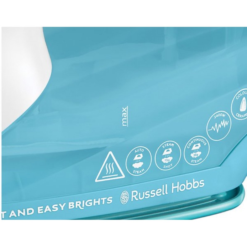 Праска Russell Hobbs Light & Easy 26482-56 Aquamarine, 2400W, керамічна кольорова підошва, з вкрапленням кондиціонеру для білизни, що пом’якшує тканини під час прасування, резервуар для води 240мл, паровий удар 115г/хв, звужений носик