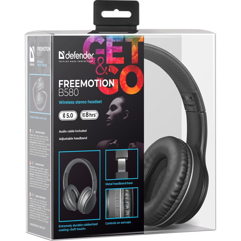 Навушники Defender FreeMotion B580, Black, Bluetooth, Mini jack, вбудований мікрофон, до 8 годин (63580)