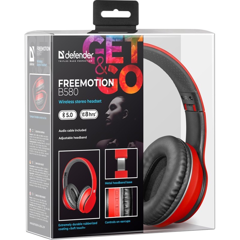 Навушники Defender FreeMotion B580, Red, Bluetooth, Mini jack, вбудований мікрофон, до 8 годин (63581)