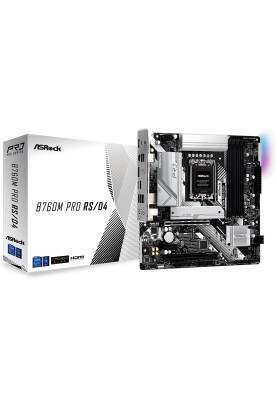 Материнська плата LGA1700, ASRock B760M Pro RS/D4, B760, 4xDDR4, Int.Video(CPU), 4xSATA3, 2xM.2, 2xPCI-E 16x 4.0, 1xPCI-E 1x 4.0, 1xM.2 (Key E), ALC897, RTL8125BG, 7xUSB3.2/6xUSB2.0, HDMI/DP, CrossFire, MicroATX