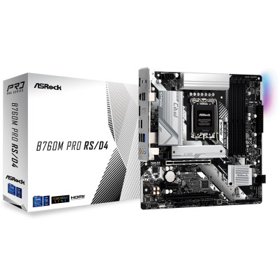 Материнська плата LGA1700, ASRock B760M Pro RS/D4, B760, 4xDDR4, Int.Video(CPU), 4xSATA3, 2xM.2, 2xPCI-E 16x 4.0, 1xPCI-E 1x 4.0, 1xM.2 (Key E), ALC897, RTL8125BG, 7xUSB3.2/6xUSB2.0, HDMI/DP, CrossFire, MicroATX