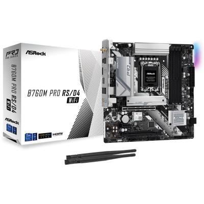 Материнська плата LGA1700, ASRock B760M Pro RS/D4 WiFi, B760, 4xDDR4, Int.Video(CPU), 4xSATA3, 2xM.2, 2xPCI-E 16x 4.0, 1xPCI-E 1x 4.0, ALC897, RTL8125BG, WiFi 6, Bluetooth 5.3, 7xUSB3.2/6xUSB2.0, HDMI/DP, CrossFire, MicroATX