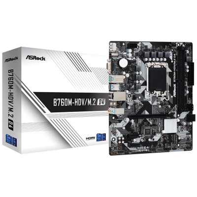 Материнська плата LGA1700, ASRock B760M-HDV/M.2 D4, B760, 2xDDR4, Int.Video(CPU), 4xSATA3, 2xM.2, 1xPCI-E 16x 4.0, 2xPCI-E 1x 3.0, 1xM.2 (Key E), ALC897, RTL8111H, 6xUSB3.2/5xUSB2.0, VGA/HDMI/DP, MicroATX