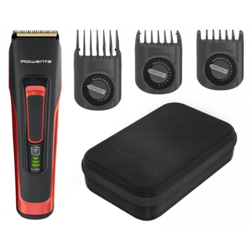 Машинка для стрижки Rowenta TN5221F4, Gray/Red, живлення мережа/акумулятор, 2 швидкості, турбо-режим, 3 насадки, 29 позицій установки довжини (0.5-30мм), індикатор зарядки, швидка зарядка, чохол