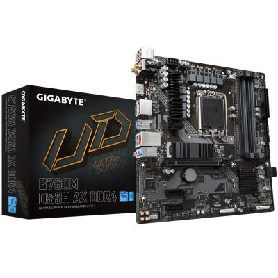 Материнська плата LGA1700, Gigabyte B760M DS3H AX DDR4, B760, 4xDDR4, Int.Video(CPU), 4xSATA3, 2xM.2, 1xPCI-E 16x 4.0, 2xPCI-E 1x 3.0, Realtek 7.1, RTL8125BG, WiFi 6, Bluetooth, 6xUSB3.2/6xUSB2.0, HDMI/2xDP, MicroATX