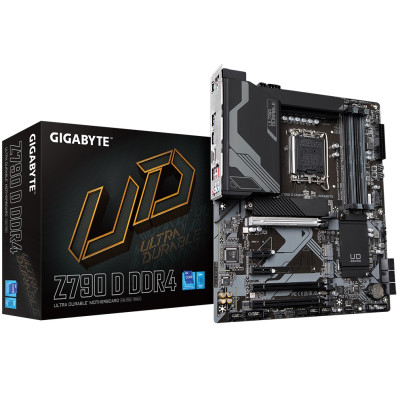 Материнська плата LGA1700, Gigabyte Z790 D DDR4, Z790, 4xDDR4, Int.Video(CPU), 6xSATA3, 3xM.2, 1xPCI-E 16x 5.0, 1xPCI-E 16x 4.0, 1xPCI-E 16x 3.0, 2xPCI-E 1x 3.0, Realtek 7.1, Realtek 2.5GbE, 9xUSB3.2/6xUSB2.0, HDMI/DP, CrossFire, ATX