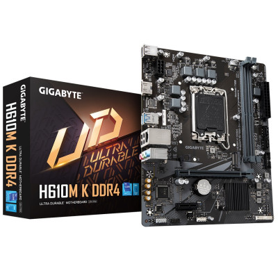 Мат.плата LGA1700, Gigabyte H610M K DDR4, H610, 2xDDR4, Int.Video(CPU), 2xSATA3, 1xM.2, 1xPCI-E 16x 4.0, 1xPCI-E 1x 3.0, ALC997, GLan, 4xUSB3.2/6xUSB2.0, HDMI, MicroATX