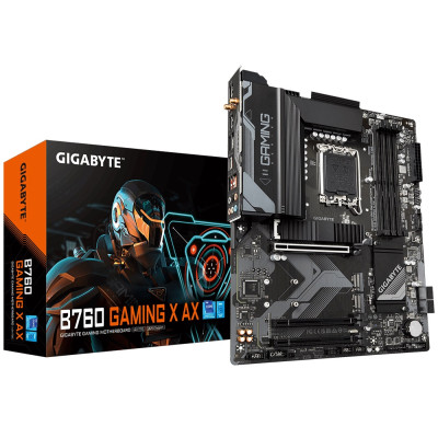 Материнська плата LGA1700, Gigabyte B760 GAMING X AX, B760, 4xDDR5, Int.Video(CPU), 4xSATA3, 3xM.2, 1xPCI-E 16x 4.0, 2xPCI-E 16x 3.0, Realtek 7.1, RTL8125BG, WiFi6, Bluetooth 5.2, 6xUSB3.2/9xUSB2.0, HDMI/DP, ATX