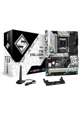 Мат.плата LGA1700, ASRock Z790 Steel Legend WiFi, Z790, 4xDDR5, Int.Video(CPU), 8xSATA3, 5xM.2, 1xPCI-E 16x 5.0, 1xPCI-E 16x 4.0, 1xPCI-E 16x 3.0, 1xM.2 (Key E) WiFi6+BT5.3, ALC897, RTL8125BG, 9xUSB3.2/1xUSB3.2 TypeC, HDMI/DP, CrossFire, ATX