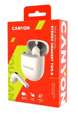 Навушники Canyon TWS-6, Beige, бездротові (Bluetooth 5.3), мікрофон, динаміки 13 мм, зарядний бокс, стереозвук, функція "Handsfree", 30 / 400 mAh (CNS-TWS6BE)