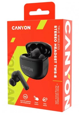 Навушники Canyon TWS-8, Black, бездротові (Bluetooth 5.3), мікрофон, динаміки 13 мм, зарядний бокс, стереозвук, функція "Handsfree", 40 / 470 mAh (CNS-TWS8B)