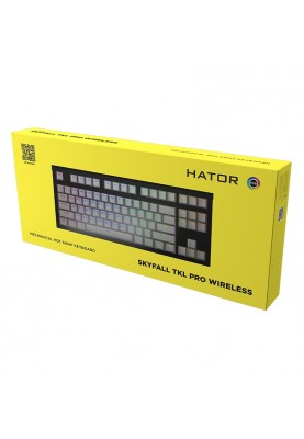 Клавіатура бездротова Hator Skyfall TKL PRO Wireless, ENG/UKR/RUS Black, Bluetooth 5.0, USB адаптер 2,4ГГц, механічна (перемикачі Kailh Box Red), 87 кнопок, RGB підсвічування (HTK-663)