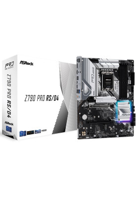 Материнська плата LGA1700, ASRock Z790 Pro RS/D4, Z790, 4xDDR4, Int.Video(CPU), 8xSATA3, 4xM.2, 1xPCI-E 16x 5.0, 1xPCI-E 16x 4.0, 2xPCI-E 1x 3.0, 1xM.2 (Key E), ALC897, RTL8125BG, 9xUSB3.2/8xUSB2.0, HDMI/DP/Type-C, CrossFire, ATX