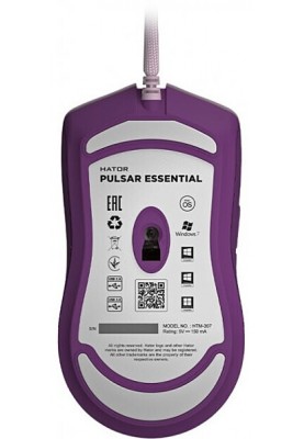 Миша Hator Pulsar Essential, Lilac, USB, оптична (сенсор PixArt PMW3327), 400-6200 dpi, RGB підсвічування, перемикачі Huano/Kailh, вбудована пам'ять, 1.8 м (HTM-307)