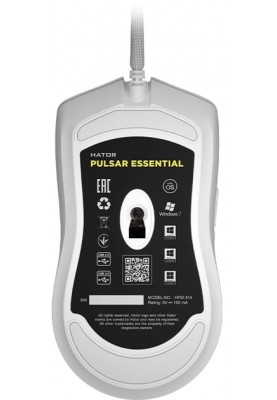 Миша Hator Pulsar Essential, White, USB, оптична (сенсор PixArt PMW3327), 400-6200 dpi, RGB підсвічування, перемикачі Huano/Kailh, вбудована пам'ять, 1.8 м (HTM-314)