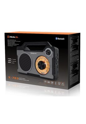 Радіоприймач 1.0 Real-El X-703 Black, 8 Вт, пластиковий корпус, FM/AM/SW, Bluetooth, USB, microSD, акумулятор