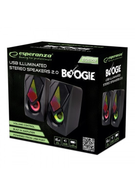 Колонки 2.0 Esperanza "Boogie", Black, 3.5 мм, 2 x 2.5 Вт, пластиковий корпус, LED підсвічування, живлення від USB, 1.2 м (EGS102)