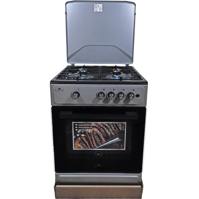 Плита газова Castle CG-60B, Black/Grey, поворотні перемикачі, 4 газові конфорки, автопідпал інтегрований, решітка металева емальована, газова духовка з подвійним склом, автопідпал інтегрований, підсвітка з кнопки, термометр, металева кришка, 60x60x86.5см