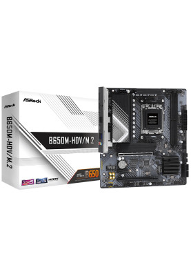 Материнська плата AM5 ASRock B650M-HDV/M.2, B650, 2xDDR5, Int.Video (CPU), 4xSATA3, 2xM.2, 2xPCI-E 4.0 16x, 1xPCI-E 4.0 1x, 1xM.2 (Key E), ALC897, RTL8125BG, 8xUSB3.2/8xUSB2.0, HDMI/DP, CrossFire, Micro ATX