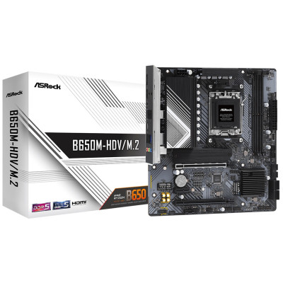 Материнська плата AM5 ASRock B650M-HDV/M.2, B650, 2xDDR5, Int.Video (CPU), 4xSATA3, 2xM.2, 2xPCI-E 4.0 16x, 1xPCI-E 4.0 1x, 1xM.2 (Key E), ALC897, RTL8125BG, 8xUSB3.2/8xUSB2.0, HDMI/DP, CrossFire, Micro ATX