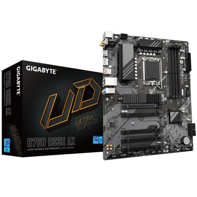 Материнська плата LGA1700, Gigabyte B760 DS3H AX, B760, 4xDDR5, Int.Video(CPU), 4xSATA3, 2xM.2, 1xPCI-E 16x 4.0, 4xPCI-E 16x 3.0, Realtek 7.1, RTL8111, WiFi 6E, Bluetooth 5.3, 5xUSB3.2/8xUSB2.0, HDMI/DP, ATX