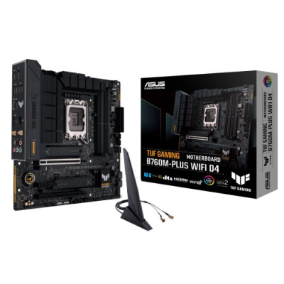 Материнська плата LGA1700, Asus TUF GAMING B760M-PLUS WIFI, B760, 4xDDR5, Int.Video(CPU), 4xSATA3, 2xM.2, 1xPCI-E 16x 5.0, 1xPCI-E 16x 4.0, 1xPCI-E 1x 4.0, Realtek 7.1, Realtek 2.5Gb, WiFi 6, Bluetooth 5.2, 8xUSB3.2/4xUSB2.0, HDMI/DP, MicroATX