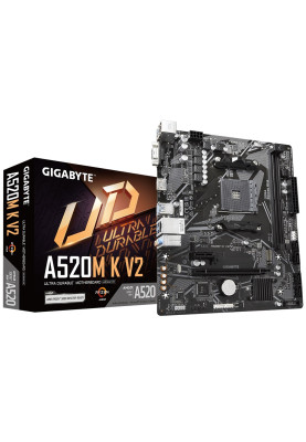 Мат.плата AM4 (A520) Gigabyte A520M K V2, A520, 2xDDR4, Int.Video(CPU), 4xSATA3, 1xM.2, 1xPCI-E 16x 3.0, 1xPCI-E 1x 3.0, ALC887, RTL8111H, 6xUSB3.2/6xUSB2.0, VGA/HDMI, MicroATX