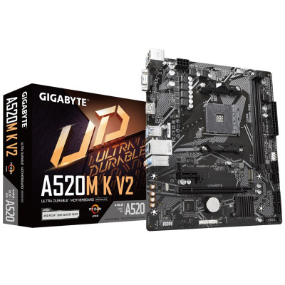 Мат.плата AM4 (A520) Gigabyte A520M K V2, A520, 2xDDR4, Int.Video(CPU), 4xSATA3, 1xM.2, 1xPCI-E 16x 3.0, 1xPCI-E 1x 3.0, ALC88 6xUSB3.2/6xUSB2.0, VGA/HDMI, MicroATX