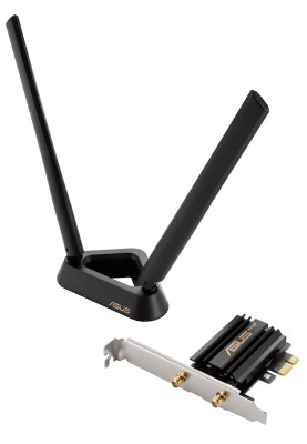 Мережевий адаптер Asus PCE-AXE59BT, PCI-E x1, WiFi 6E (802.11ax), 2.4/5/6 GHz, до 2402 Mb/s, Bluetooth 5.2, зовнішня база з 2-ма антенами