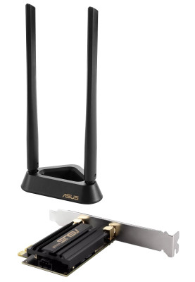 Мережевий адаптер Asus PCE-AXE59BT, PCI-E x1, WiFi 6E (802.11ax), 2.4/5/6 GHz, до 2402 Mb/s, Bluetooth 5.2, зовнішня база з 2-ма антенами