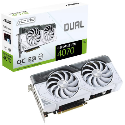 Відеокарта GeForce RTX 4070, Asus, DUAL OC (White Edition), 12Gb GDDR6X, 192-bit, HDMI/3xDP, 2550/21000 MHz, 8-pin (DUAL-RTX4070-O12G-WHITE)