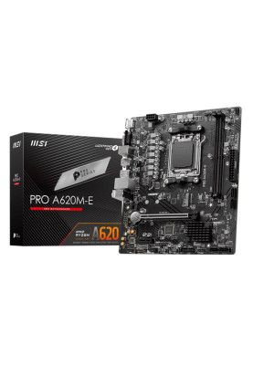 Материнська плата AM5 MSI PRO A620M-E, A620, 2xDDR5, Int.Video (CPU), 4xSATA3, 1xM.2, 1xPCI-E 4.0 x16, 1xPCI-E 3.0 x1, ALC897, RTL8111H, 6xUSB3.2/6xUSB2.0, VGA/HDMI, MicroATX