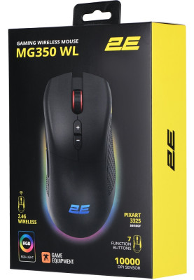 Миша бездротова 2E MG350 GAMING, Black, 2.4GHz, оптична (сенсор PixArt 3325), 200 - 10000 dpi, RGB підсвічування, 7 програмованих кнопок, до 10 м, акумулятор 600 mAh, перемикачі Kailh 20M + Huano 3M (2E-MG350UB-WL)