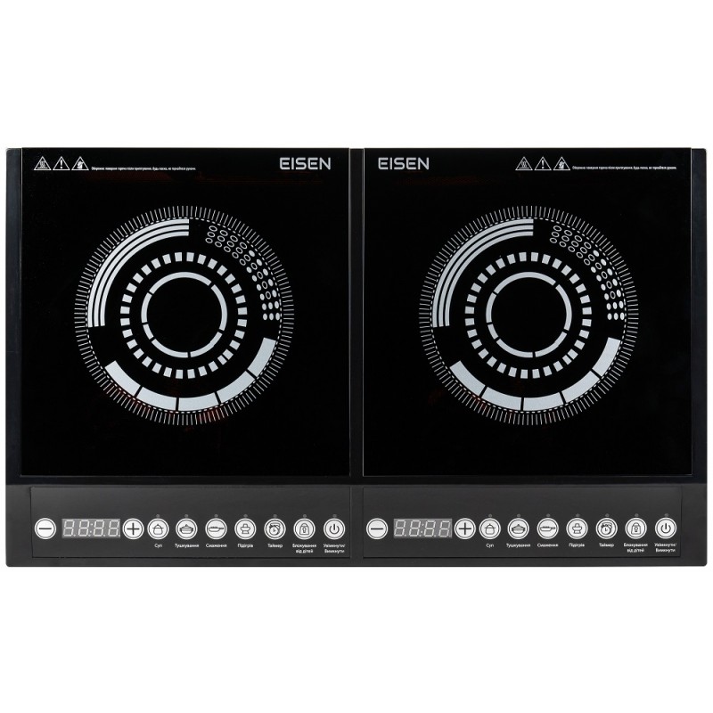 Настільна плита Eisen EIP-228D, Black, 2х2000W, індукційна, 2 зони нагріву, 8 рівнів температури, 4 режими приготування, керування кнопкове, розпізнавання розміру посуду, автовідключення