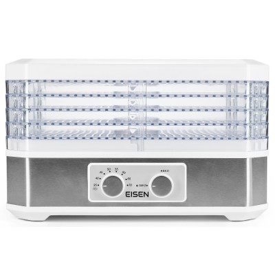 Сушарка овочів та фруктів Eisen EFD-055W White, 500W, керування механічне, 5 лотків, висота сушильного піддону 3см, діаметр 38см, регулювання температури 35-70ºC, прозора кришка, прозорі піддоні, захист від перегріву
