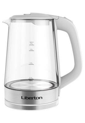 Електрочайник Liberton LEK-1715 White, 2000W, 1.7л, скло+нерж сталь, дисковий, індикатор рівня води, захист від перегріву, відключення за відсутності води, LED-підсвічування