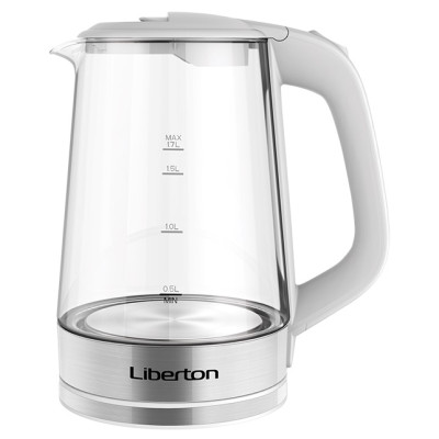 Електрочайник Liberton LEK-1715 White, 2000W, 1.7л, скло+нерж сталь, дисковий, індикатор рівня води, захист від перегріву, відключення за відсутності води, LED-підсвічування