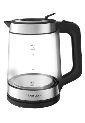 Електрочайник Liberton LEK-6816 Black, 2000W, 1.7л, скло+нерж сталь, дисковий, індикатор рівня води, захист від перегріву, відключення за відсутності води, LED-підсвічування