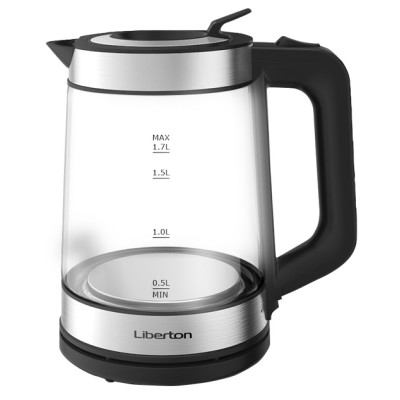 Електрочайник Liberton LEK-6816 Black, 2000W, 1.7л, скло+нерж сталь, дисковий, індикатор рівня води, захист від перегріву, відключення за відсутності води, LED-підсвічування