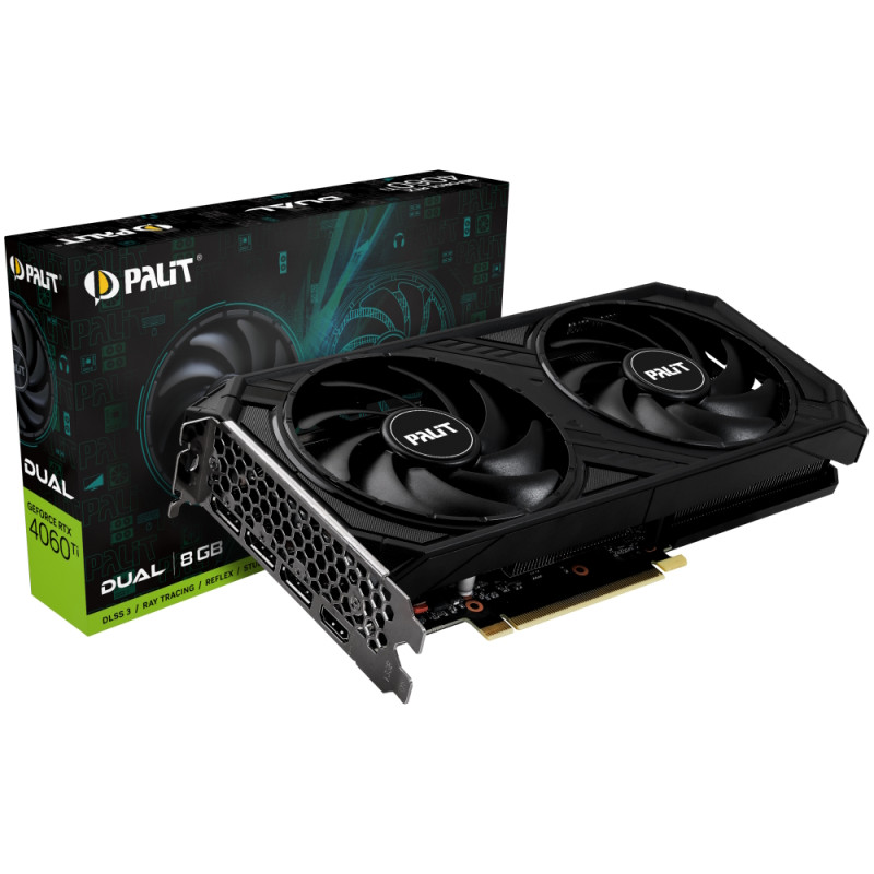 Відеокарта GeForce RTX 4060 Ti, Palit, Dual, 8Gb GDDR6, 128-bit, HDMI/3xDP, 2535/18000 MHz, 8-pin (NE6406T019P1-1060D)