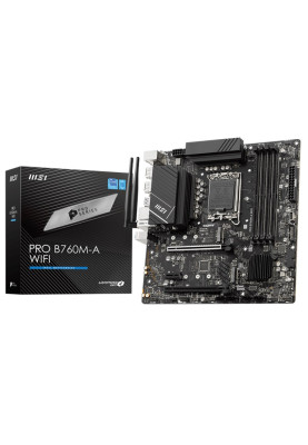 Материнська плата LGA1700, MSI PRO B760M-A WIFI, B760, 4xDDR5, Int.Video(CPU), 4xSATA3, 2xM.2, 2xPCI-E 16x 4.0, 1xPCI-E 1x 3.0, ALC897, RTL8125BG, WiFi6, Bluetooth 5.3, 9xUSB3.2/6xUSB2.0, 2xHDMI/2xDP, MicroATX