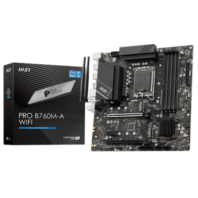 Материнська плата LGA1700, MSI PRO B760M-A WIFI, B760, 4xDDR5, Int.Video(CPU), 4xSATA3, 2xM.2, 2xPCI-E 16x 4.0, 1xPCI-E 1x 3.0, ALC897, RTL8125BG, WiFi6, Bluetooth 5.3, 9xUSB3.2/6xUSB2.0, 2xHDMI/2xDP, MicroATX