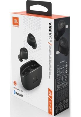Навушники JBL Vibe 100TWS, Black, Bluetooth, мікрофон, чохол з функцією зарядки, технологія "Pure Bass" (JBLV100TWSBLKEU)