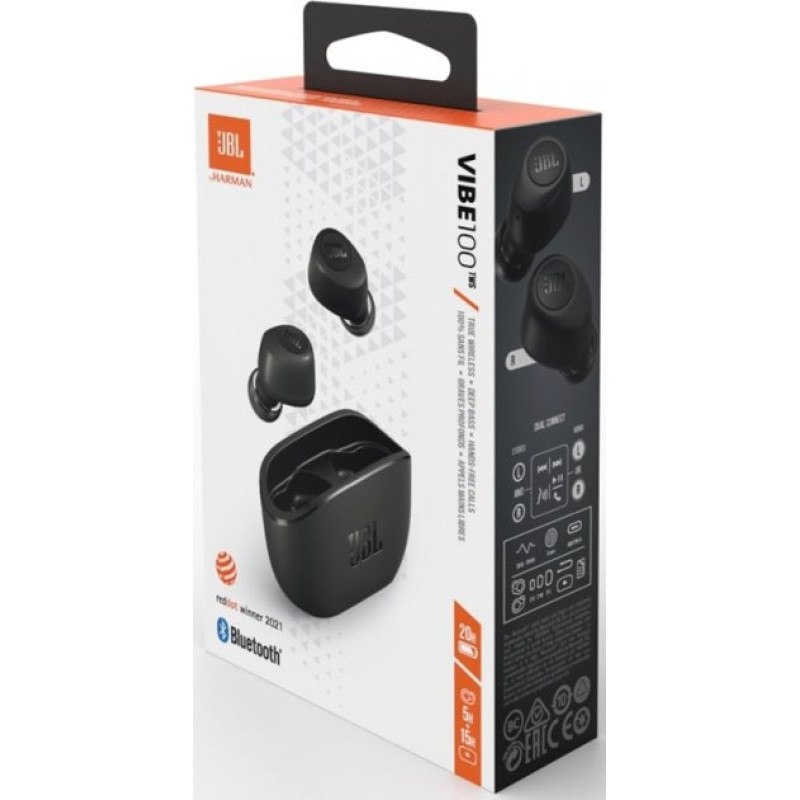 Навушники JBL Vibe 100TWS, Black, Bluetooth, мікрофон, чохол з функцією зарядки, технологія "Pure Bass" (JBLV100TWSBLKEU)